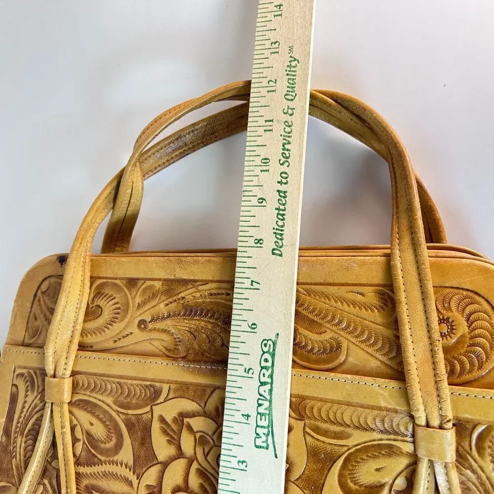 Mexican Tan Leather Rose Detail Tooled Vintage 50-60s Satchel Handbag